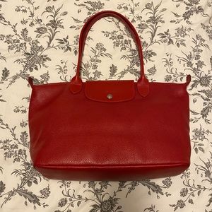 Longchamp Veau Foulonne Leather Shoulder Bag Tote Vermilion Red